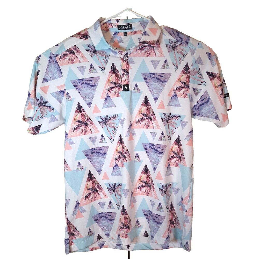 Bad Birdie Polo Shirt Mens Large Multicolor Palm Tree Triangle Golf Jersey